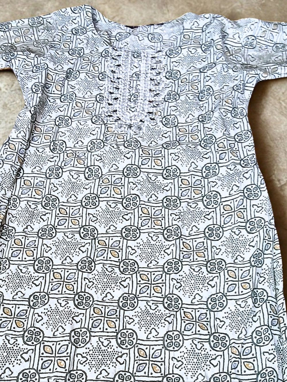 Bohemian Lawn Cotton Modest Dress  / Kurti in White with Gray and Silver NWOT